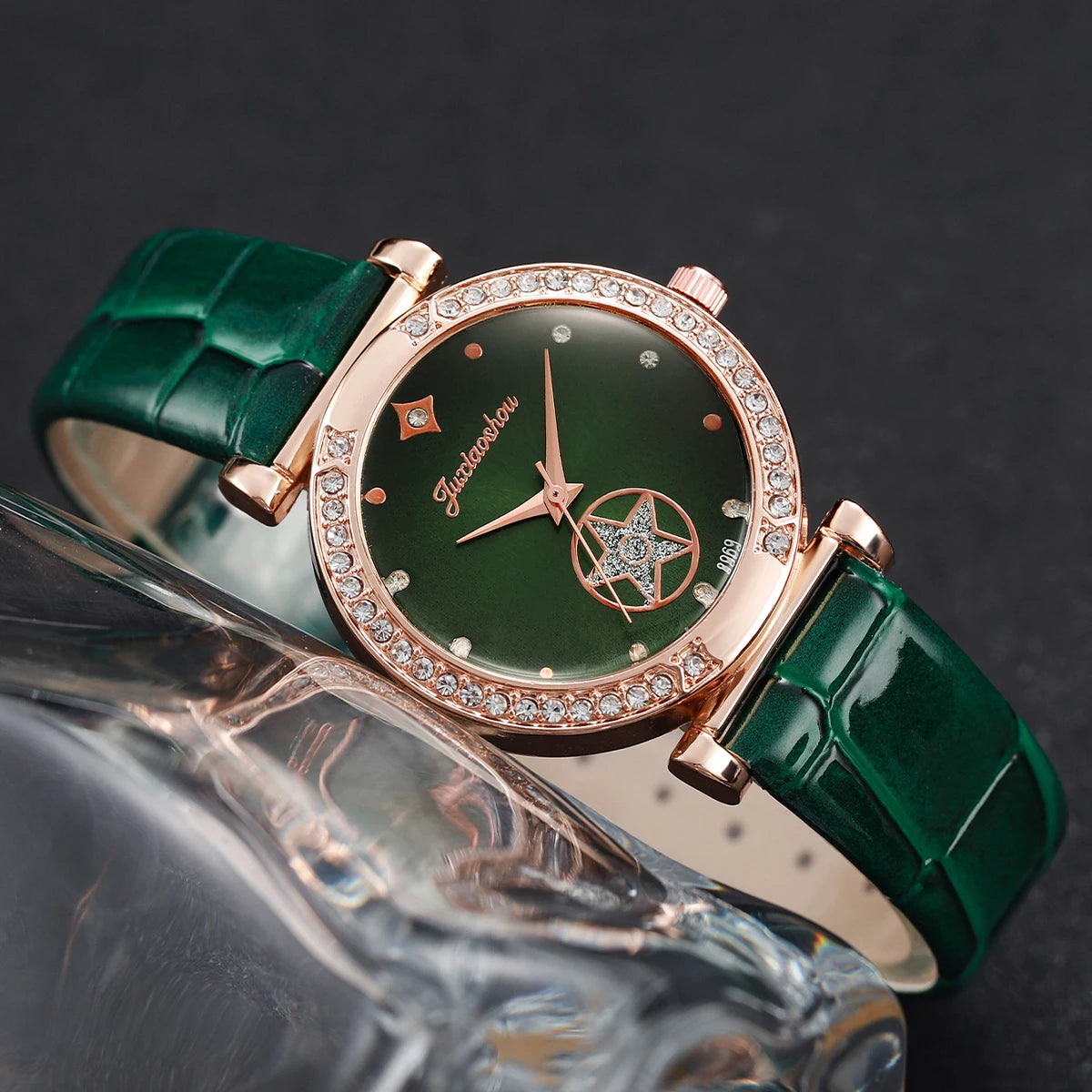 6pcs/set Women Green Leather Strap Quartz Watch with Diamond Jewelry Set