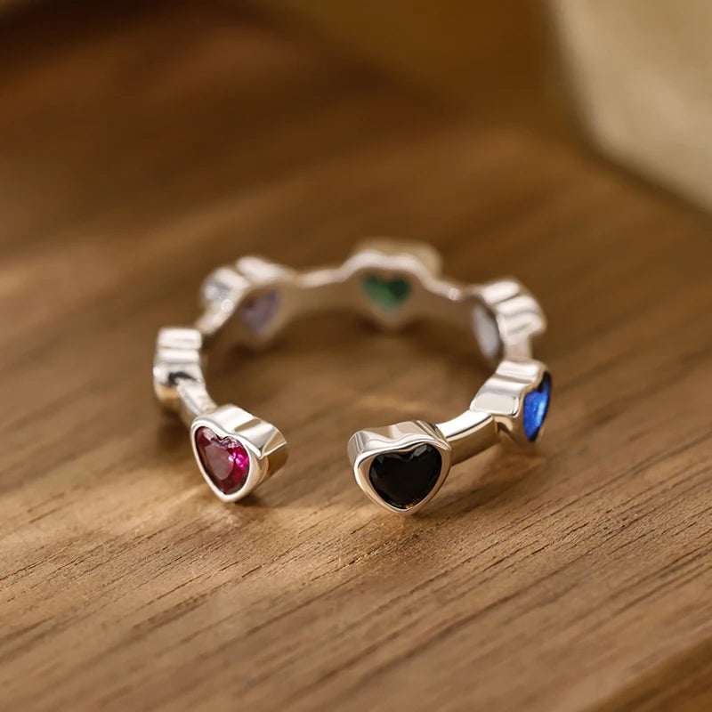 Silver Multicolour Heart Shape Couple Ring