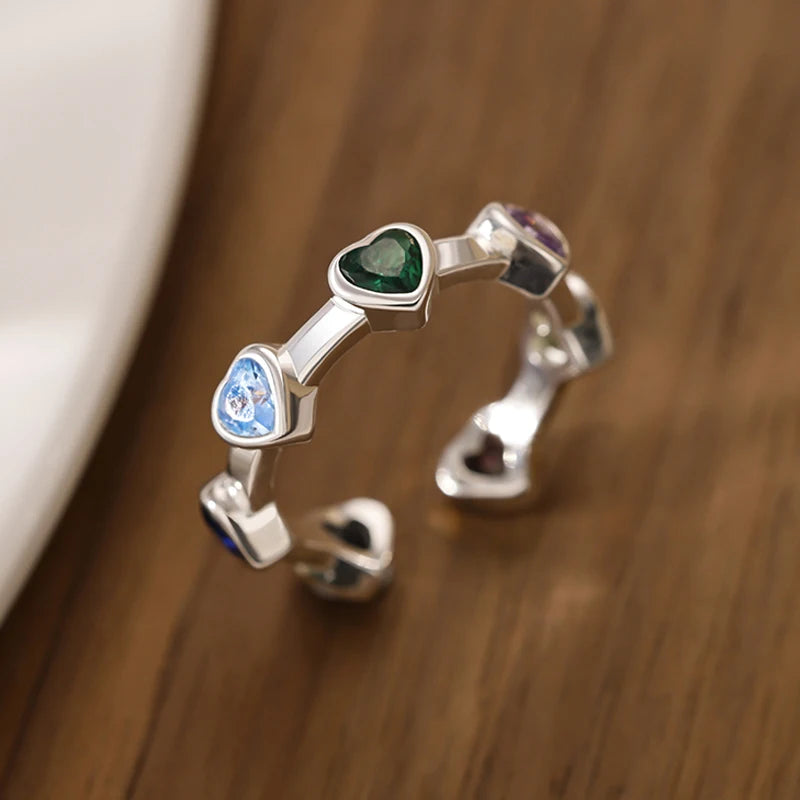 Silver Multicolour Heart Shape Couple Ring