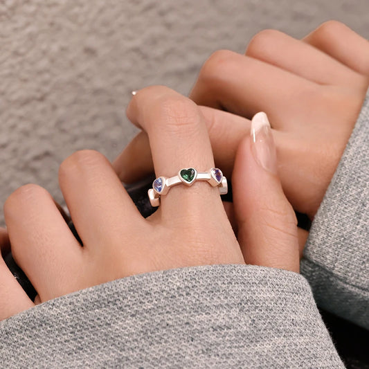 Silver Multicolour Heart Shape Couple Ring