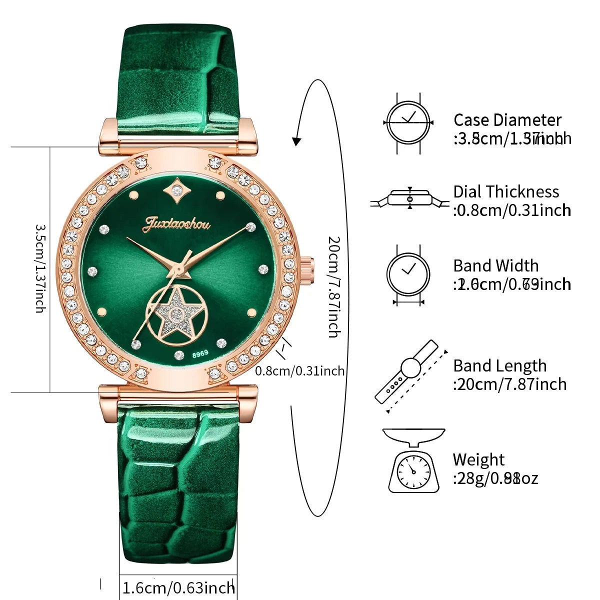 6pcs/set Women Green Leather Strap Quartz Watch with Diamond Jewelry Set