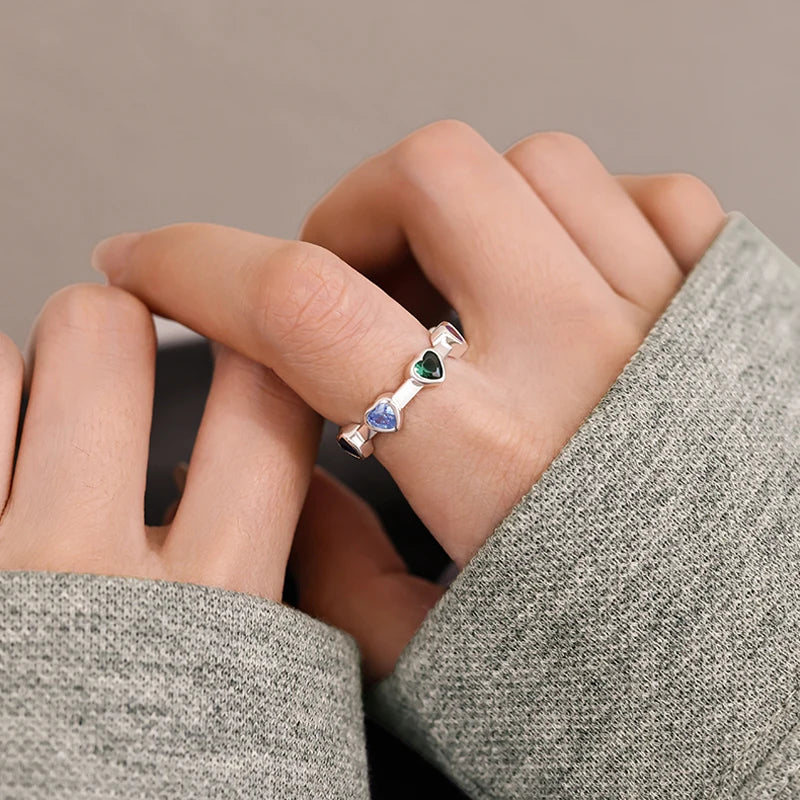 Silver Multicolour Heart Shape Couple Ring