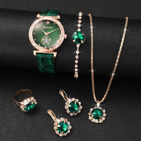 6pcs/set Women Green Leather Strap Quartz Watch with Diamond Jewelry Set